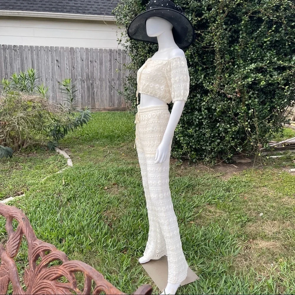 NWT Le Lis Crochet Wide Leg Beach Pool Cover Up Set
